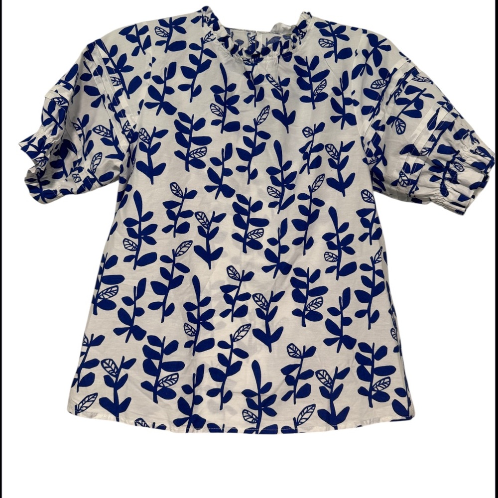 THML Blue and White Leaf Print Blouse